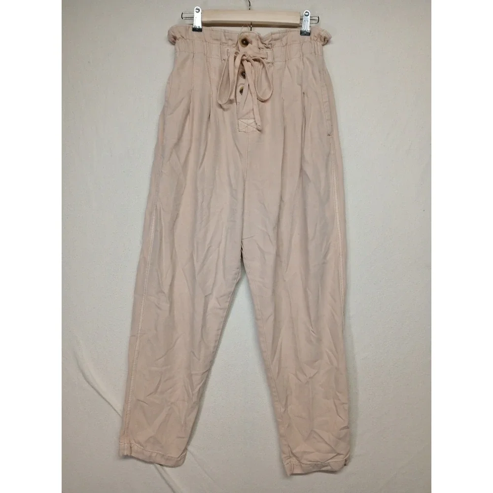 Free People Margate Pleated Trouser‎ Pants Pink paper bag cotton Straight Small